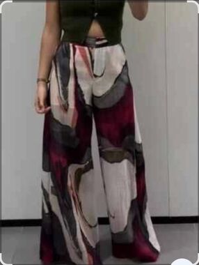 Shein Abstract Brushstroke Wide Leg Palazzo Pants - Cream, Red, Green